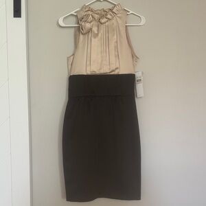 London Times Beige and Black Ruffle-Top Sheath Dress